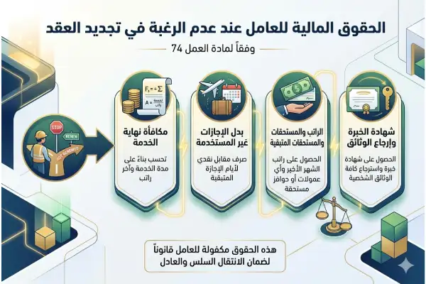 توضيح الحقوق المالية للعامل عند عدم الرغبة في تجديد العقد بموجب مادة العمل 74